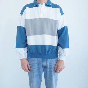 Vintage '90S Bay Club Blue And White Horizontal Stripe Collared Sweater S